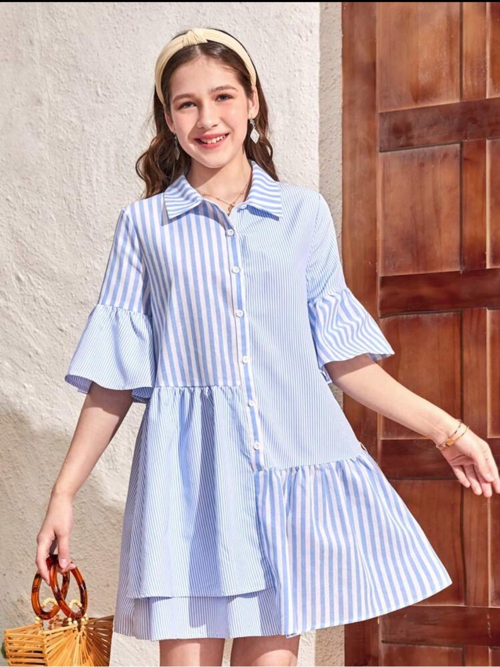 Light Blue Striped Tiered Shirt Dress - Women's
